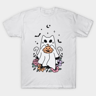 Floral Ghost Cat Halloween T-Shirt